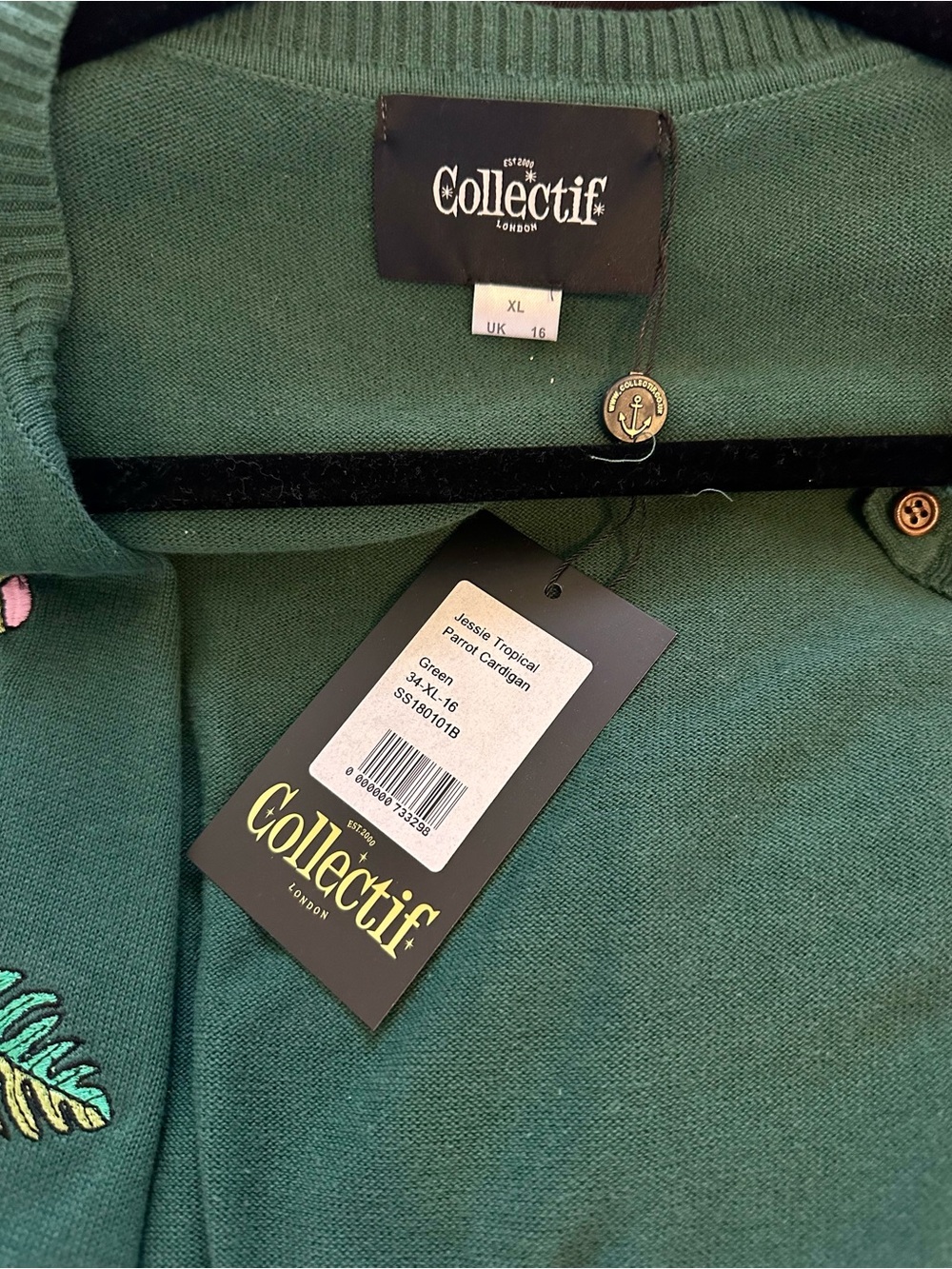 Collectif Forest Green Parrot Embroidered Cardigan - Picture 3 of 3